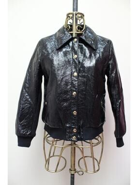 Alexa Chung Black Faux Patent Crinkled Leather Bomber Jacket Size UK 10/US 6